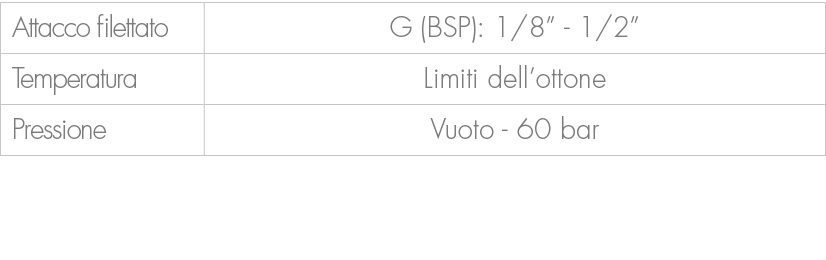 Attacco filettato,G (BSP): 1/8” 1/2”,Temperatura,Limiti dell’ottone,Pressione,Vuoto 60 bar 
